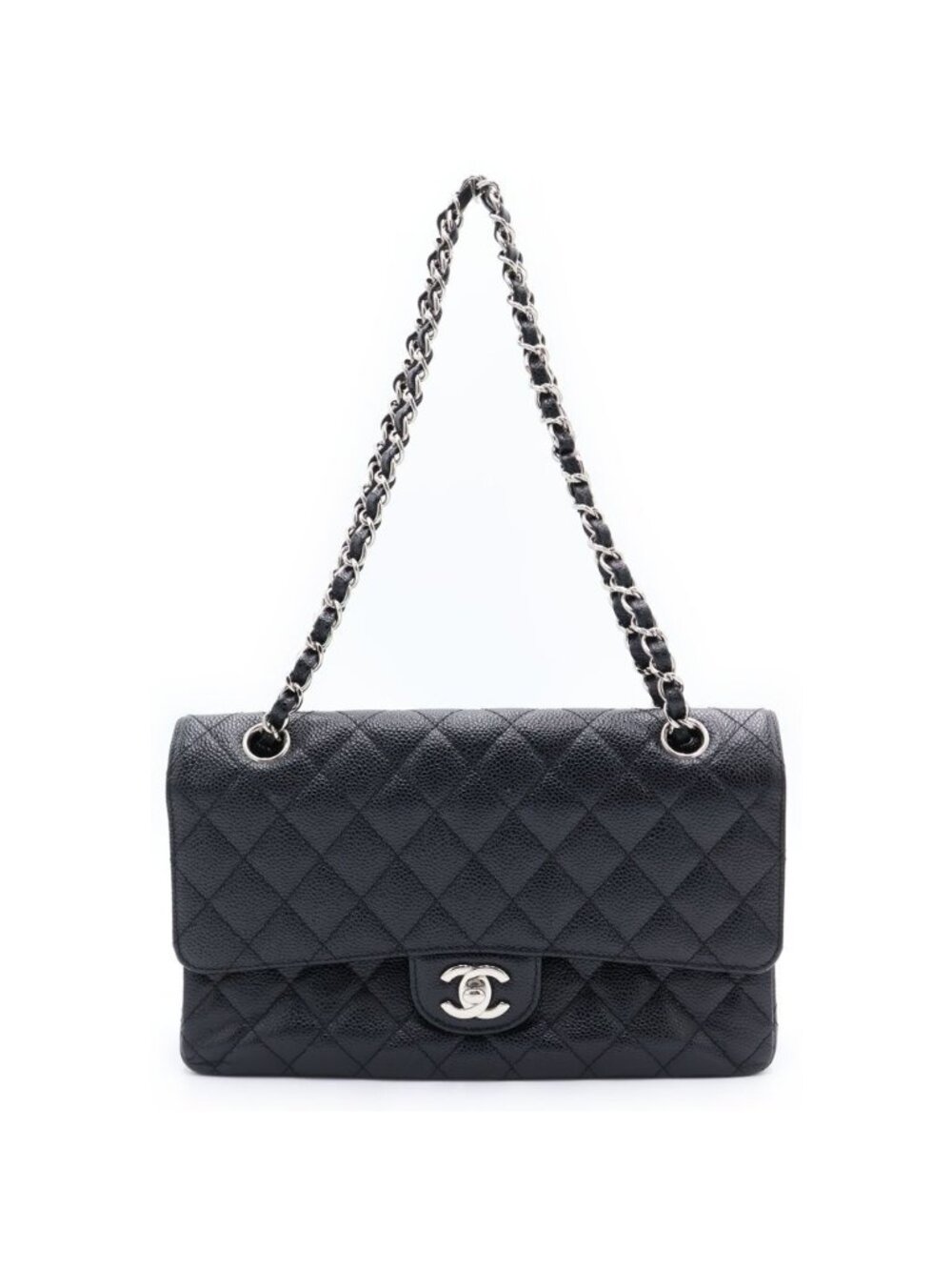 Chanel Quilted 25 Double Flap Chain Shoulder Bag Caviar Leather Black